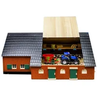 Kids Globe Kuhstall Holz mit Bauernhaus, Spielzeug Kuhstall Dach aufklappbar, Bauernhof mit Maßstab 1:32, Holzbauernhof, Holzstall, Bauernhof Spielzeug 610111