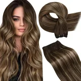 LaaVoo Echthaar Extensions Tressen Braun Ombre Haartressen Echthaar Zum Einnähen Dunkelbraun Balayage Karamellblond Haarverlängerung Echthaar Tressen Menschliches Haar 100g #4/27/4 55cm