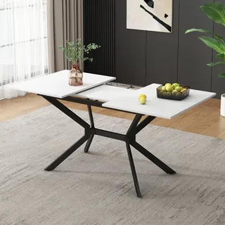 Flieks Ausziehbarer Esstische, Rechteckiger Küchentisch Esszimmertisch, Erweiterbarer Tisch Arbeitstisch Bürotisch mit Metallbeinen, Weiß - Weiß/Schwarz
