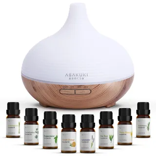 ASAKUKI 300ml Aroma Diffuser, Ultraschall Luftbefeuchter mit 8 * 10ml Ätherische Öle Set Diffusor, 14 Farben LED, 23dB Cool Mist Raumbefeuchter, Yoga, SPA, Zuhause Gelb