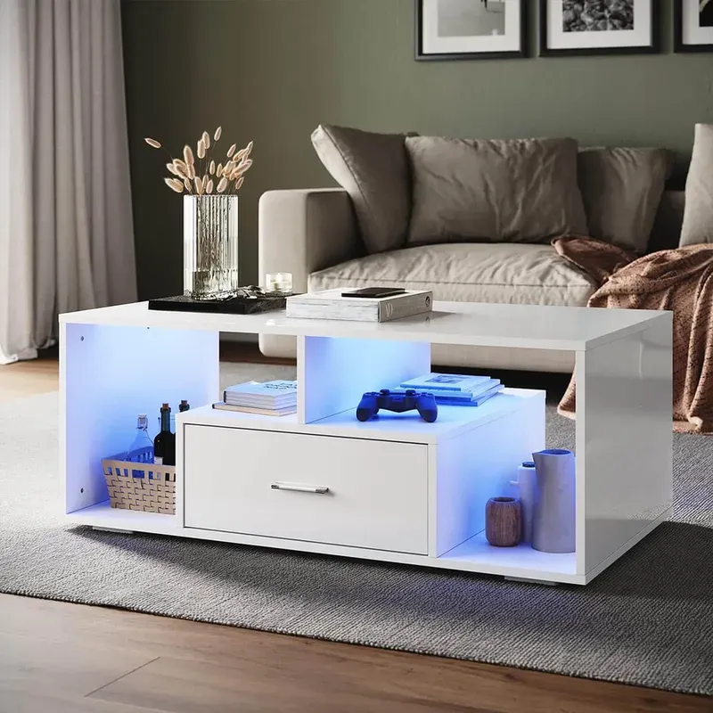 SONNI Couchtisch Hochglanzfront mit LED-Leuchten in 12 Farben und Ablagefach