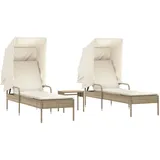 vidaXL Sonnenliegen 2 Stk. mit Dach und Tisch Beige 62 x 200 x 130 cm Poly Rattan