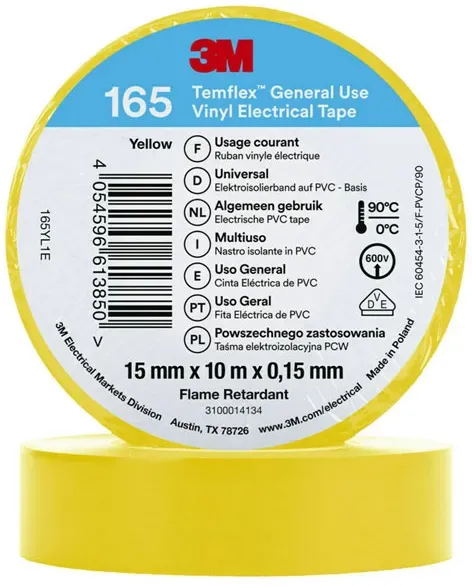 3M Temflex 165 Vinyl Elektro-Isolierband, 15mm breit, 10m lang, gelb, 10 Stück