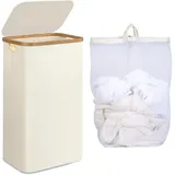 luxuskollektion Wäschekorb schmal Innentasche waschbar Griffe 75L mit Deckel Beige