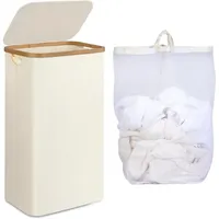 luxuskollektion Wäschekorb schmal Innentasche waschbar Griffe 75L mit Deckel Beige