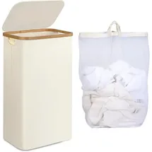 luxuskollektion Wäschekorb schmal Innentasche waschbar Griffe 75L mit Deckel Beige