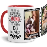 Tassendruck Fototasse mit Spruch - Mein Hund, Meine Welt - personalisiert mit 2 WUNSCHFOTOS - Geschenk für Hundebesitzer, Herrchen oder Frauchen - Innen & Henkel Rot