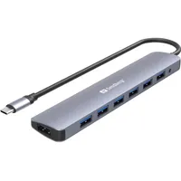 Sandberg USB-C to 7 x USB 3.0 Hub - USB (3.1 Gen 1) Type-C, USB 3.2 Gen 1 (3.1 Gen 1) Type-A, 5000 Mbit/s,) Grau