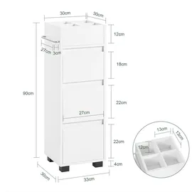 SoBuy Badezimmerschrank Badschrank mit 3 Schubladen, 4 Fächern, Handtuchhalter, Kommode – Kompakte Badmöbel in Holz, Weiß, 30x90x30 cm,