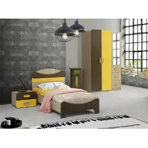 JV Möbel Modernes Set Bett, Nachttisch Kleiderschrank Gelb Braun Design Kinderzimmer, Möbel