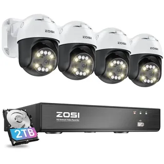 ZOSI 5MP PoE Überwachungskamera Set Aussen, 4X 355°/140° Schwenkbar IP Dome Kamera und 8CH PoE NVR mit 2TB HDD, 2-Wege-Audio, Ton- und Lichtalarm