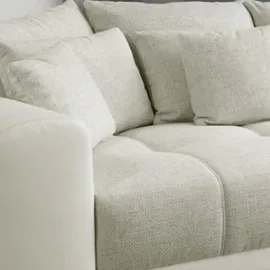 luma-home schönes für dein zuhause Big Sofa XXL B306/T134/H86 cm, Lounge Couch mit hochwertiger Federkernpolsterung, viele Kissen, Liegefläche 120x240 cm, Korpus Kunstleder Weiß und Bezug Strukturstoff Grau Beige
