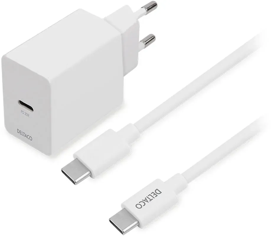 Deltaco USB-C PD Wall Charger 20 W incl USB-C Cable - Weiß Ladegerät