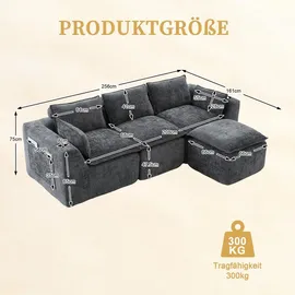 Okwish Dreisitzer Ecksofa mit Hocker, Kissen, Getränkehalter und 2 Seitentaschen, In Chenille Grau