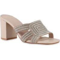 VAN HILL Damen Pantoletten Blockabsatz Strass Klassisch Schuhe Beige,