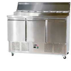 Romux® Saladette und Pizzatisch 3 Türen 136x70 cm für 8 GN 1/6 Behälter mit Stahldeckel und Haube | Kühltisch von Pizzen und Salaten
