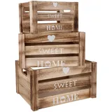 BELLE VOUS (3er Pack Holzkiste Vintage Kisten Holz mit Griffen - Rustikale Holzkiste Groß, Mittlere & Kleine Holzkiste - Herz mit Sweet Home Deko ...