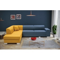 Siblo Ecksofa Ein modernes zweifarbiges Ecksofa Rufo mit Schlaffunktion - ausklappbares Ecksofa - Bettzeugbehälter - modernes Ecksofa blau|bunt|gelb