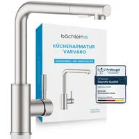 Bächlein Küchenarmatur Varvaro – 360 Grad schwenkbarer Wasserhahn für die Küche (gebürsteter Edelstahl) – Einhand-Spültischbatterie aus Edelstahl mit ausziehbarem Schlauch und Brause mit Umschalter