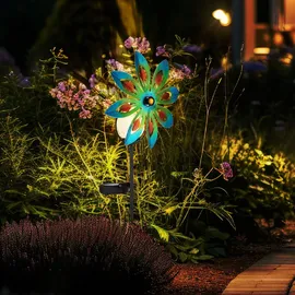 GLOBO Gartendeko Windrad LED Solarleuchte, Glaskugel, bunt Außenlampe Erdspieß, Metall kupferfarben, Bruchglas, warmweiß, 2er Set