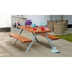 Alpha Kinder Picknicktisch L - Kiefer/Fichte, Teak / Silber (Gestell) - stabiler Picknicktisch für Kinder - ideale Kindersitzgruppe Outdoor