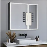 WDWRITTI Spiegelschrank Schwarz Metall Badezimmerspiegelschrank LED mit 3Lichtmodi 80x60cm (Badschrank mit Spiegel Hängeschrank Doppeltür, Helligkeit dimmbar, Speicherfunktion) Alu-Schranktür, Doppelseitiger Spiegel, Verstellbare Glasböden schwarz