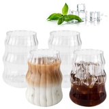 Kleemeiero 4 Stück Cappuccino Gläser Kaffeegläser Kaffeeglas Set 530ml Latte Macchiato Tassen Glas Origami-Stil Gläser Retro-Trinkgläser Trinkglas Eiskaffee-Tassen Gerippt für Latte Tee Eis Milch Bier