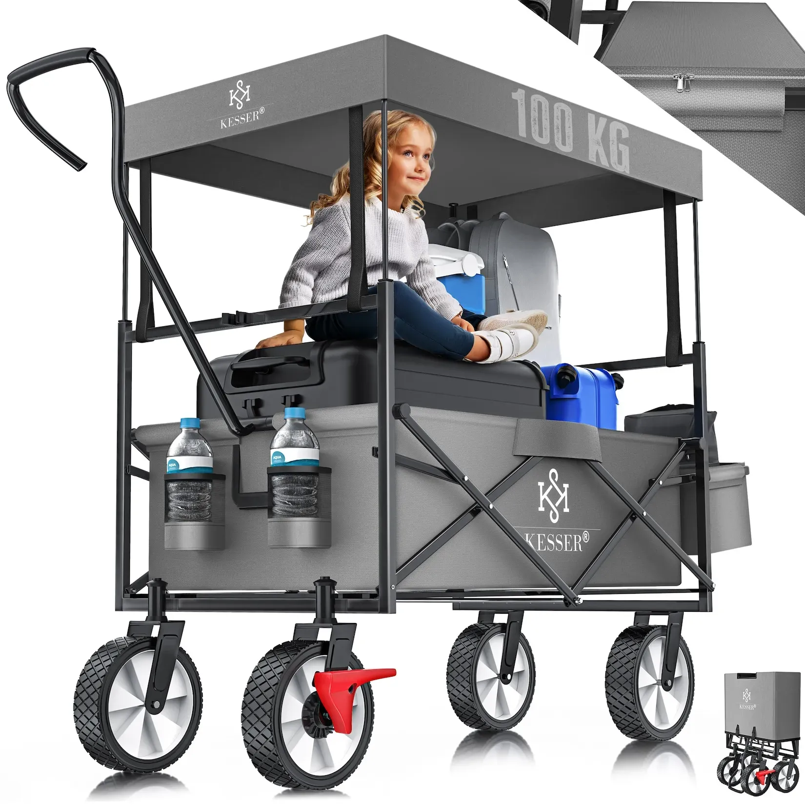 KESSER® Bollerwagen faltbar mit Dach Handwagen Transportkarre Gerätewagen   inkl. 2 Netztaschen und Einer Außentasche   klappbar   Vollgummi-Reifen   bis 100 kg Tragkraft   Mit Vorderrad-Bremse