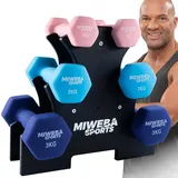 Miweba Sports Neopren Hantelset NKH120 | Profi Hantel - Hexagon Hanteln Set - Kurzhanteln - Kurzhantel Set - Neoprenhantel - Hantelständer - Hantel - Dumbbell - 1-3kg (Rosa/Türkis/Königsblau)