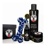 CrazyDogPaul Fellpflege Geschenk für Hunde - Fellpflege Geschenkbox mit Hundespielzeug-Knochen, (1 x Hundeshampoo, 1 x Fellpflegespray, 1 x Pfotenbalsam, 1 x Spielzeug, 4-St., CrazyDogPaul Geschenkbox)