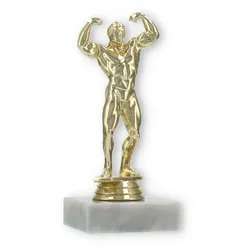 Pokal Kunststofffigur Bodybuilder gold auf weißem Marmorsockel 14,9cm