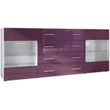 Vladon Sideboard Bari V2 (Kommode mit 2 Türen, 4 Schubladen und 2 flexible Glaseinlegeböden), Weiß matt/Brombeer Hochglanz (166 x 72 x 35) lila