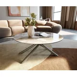DELIFE Couchtisch Edge, Rund 90x90 cm Keramik Minas Melange Sarity Metall Effektfinish Titan beige|weiß Gerade Kante Rund | 90 cm x 42 cm x 90 cm