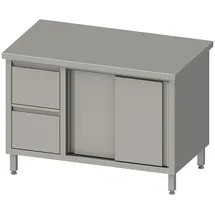 Stalgast Arbeitsschrank mit Schiebetüren, 1400x600x850 mm, mit 2er Schubladenblock links, ohne Aufkantung, verschweißt