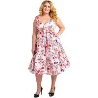 Miss Lavish London Frauen Plus Größe Kleider Retro Swing Blumen Rockabilly 40s und 50er Jahre Vintage Brautjungfer Kleid [VOGEL-ROSA-54] - 54