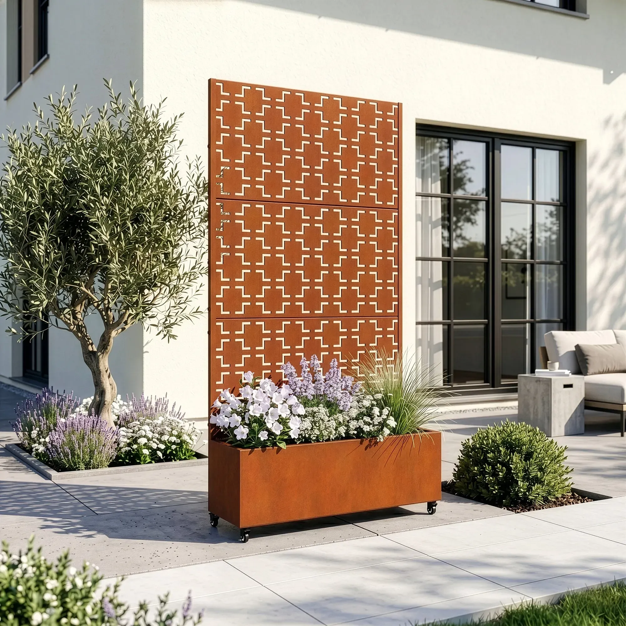 Trennwand Aaskis mit Blumenkasten Stahl 190x82 cm Edelrost [casa.pro]