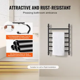 Vevor Handtuchtrockner Heizkörper Handtuchwärmer, beheizter Handtuchhalter mit 6 Stangen, wasserdichter Handtuchwärmer mit Timer & LED-Anzeige, 5 einstellbare Temperaturstufen, Wandmontage, Schwarz