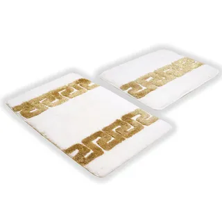 Luxus Badematte Badezimmerteppich Duschmatte Badvorleger Badgarnitur Set 2 teilig in weiss gold Mäander Muster 100% Acryl - rutschfest waschbar flauschig Fussbodenheizung geeignet - Weiss, 2er SET
