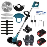 Telituny Rasentrimmer mit 2 Akku, Kabelloser Freischneider Kompatibel mit 21V Akkus, Rasenmäher Elektro mit Brushless Motor, Handrasenmäher Rasenkantenschneider, für Mähen, Kanten