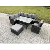 8 Sitzer Outdoor Rattan Gartenmöbel-set Mit Rechteckiger Esstisch Großer Fußhocker Sesseln Dunkelgrau Gemischt - Fimous
