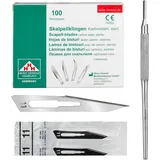 Set - 100 Stück sterile Skalpellklingen Figur 11 aus Karbonstahl - Ersatzklingen + 1 x Shehadeh - Skalpell-Halter mit rundem Griff - Edelstahl