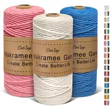 OurTop Premium Makramee Garn 3er Set, 3mm x 100m Macrame Cord Makramee Schnur Makramee Kordel, Garn für DIY Handwerk, Weben Dekoration, Hängepflanze Pflanze Aufhänger(Natur, Blau, Wassermelonenrot)