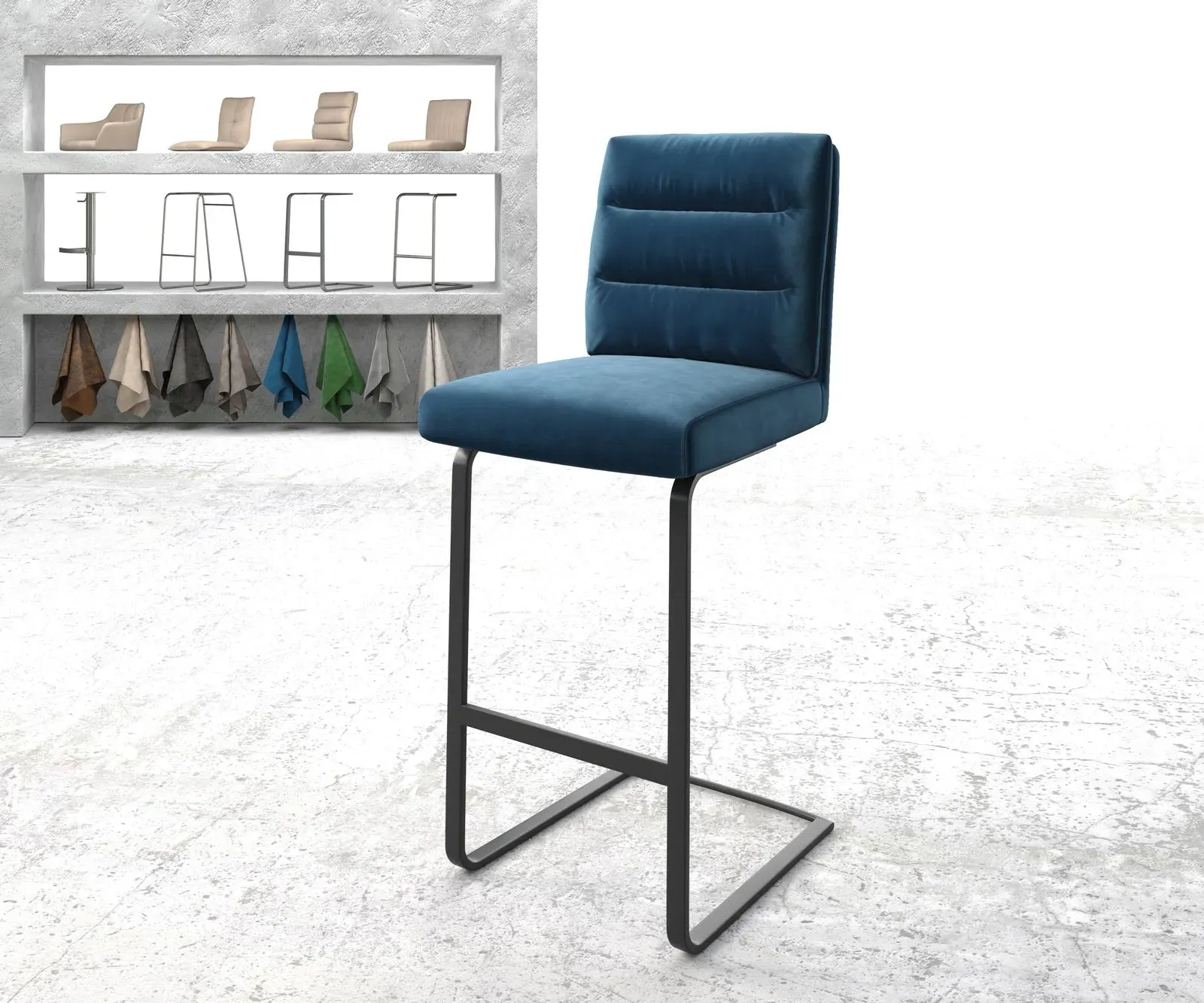 DELIFE Chaise-de-bar Pela-Flex velours bleu chaise cantilever métal plat, Chaises de bar