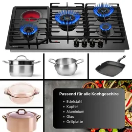 KB Elements Gaskochfeld 4-flammig und 1 Glaskeramik Kochfeld, Gaskochfeld 90cm, LPG/NG, Kupfer- und Aluminium-Brennern, hitzebeständigem Glas, Autark - Schwarz