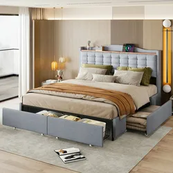 Merax Polsterbett 160*200 cm, Nachttisch mit USB-Ladeanschluss und Ablage, Doppelflachbett mit 4 Schubladen, Leinenstoff Grau