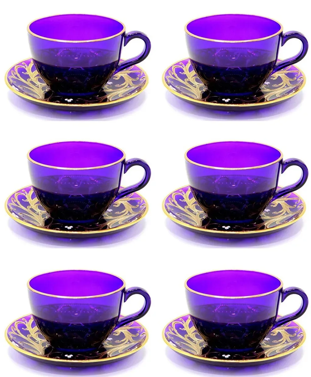 Casa Padrino Luxus Barock Kaffee / Tee Tassen 6er Set Lila / Gold - Handgefertigte & handbemalte Tassen mit Untertassen - Hotel & Restaurant Accessoires - Luxus Qualität