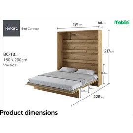 meblini Schrankbett, Eiche Artisan, Holzwerkstoff, 7-Zonen, Rechteckig, 180x200 cm, Schlafzimmer, Betten, Klappbetten