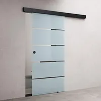 doporro Glasschiebetür komplettset 102,5 x 215cm Schiebetür mit ESG 15mm Wandabstand Zimmertür Glas 5-Milchglas-Streifen mit Muschelgriff Schwarz - Transparent/milchig