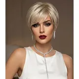 AIYLMZ Kurze gerade blonde Damen-Bob-Perücken, goldener Pixie-Schnitt, natürlich aussehende synthetische Perücken mit seitlichem Pony für Damen (Blond)