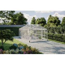 OUTFLEXX Flora Gewächshaus, Silber, Aluminium, 430 x 250 x 205 cm, robust, korrosionsbeständig, witterungsbeständig, Spitzdach